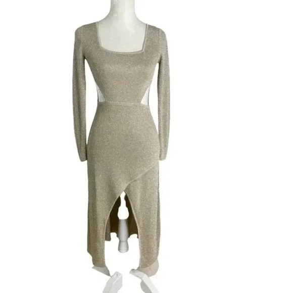 gold metallic knit midi dress Mabeline Metallic Knit Maxi Dress – SEROYA main image 0